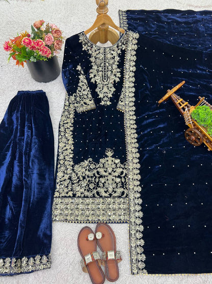 Blue Designer Viscose Velvet Coding Top and Dupatta For Party Wear