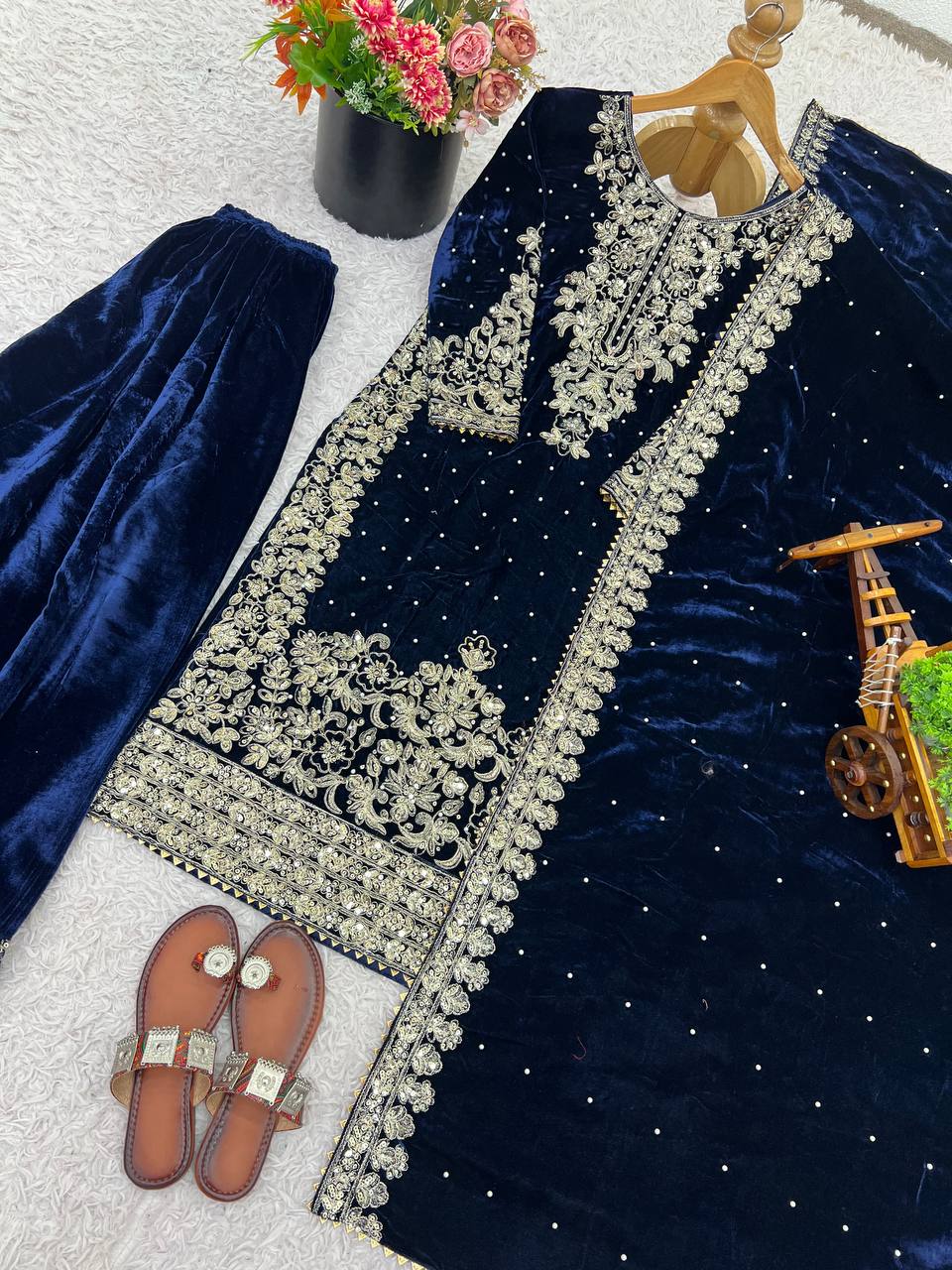 Blue Designer Viscose Velvet Coding Top and Dupatta For Party Wear