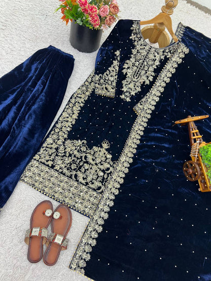 Blue Designer Viscose Velvet Coding Top and Dupatta For Party Wear