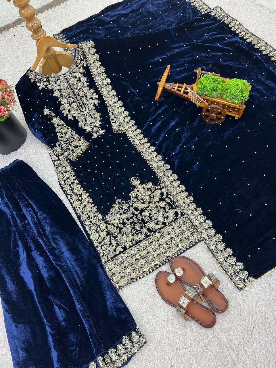 Blue Designer Viscose Velvet Coding Top and Dupatta For Party Wear