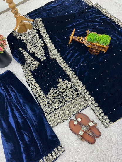 Blue Designer Viscose Velvet Coding Top and Dupatta For Party Wear