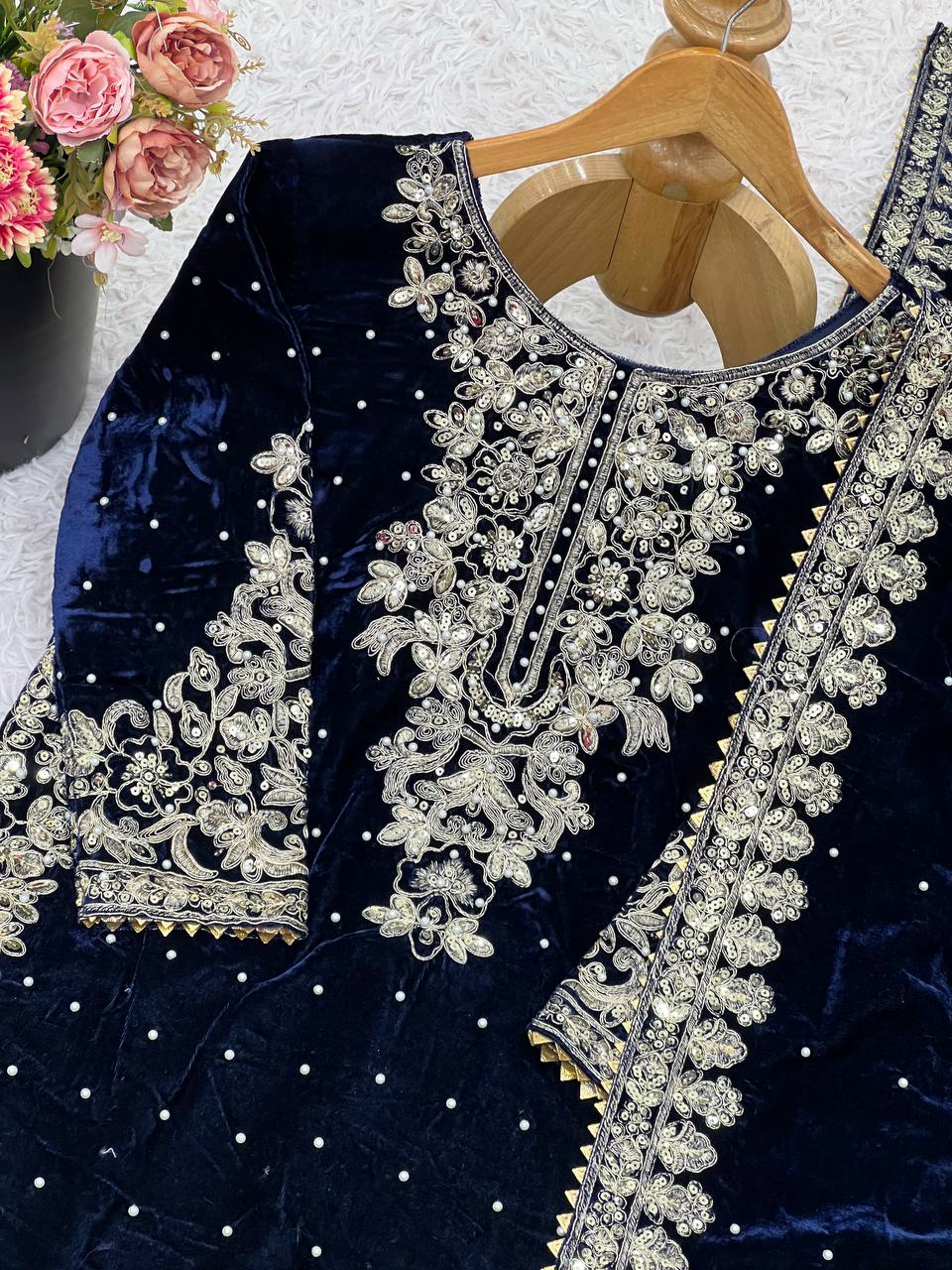 Blue Designer Viscose Velvet Coding Top and Dupatta For Party Wear