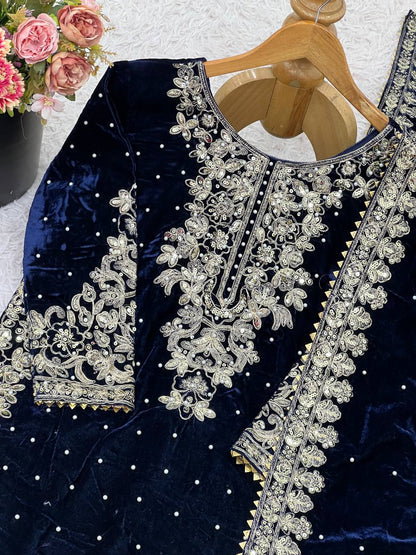 Blue Designer Viscose Velvet Coding Top and Dupatta For Party Wear