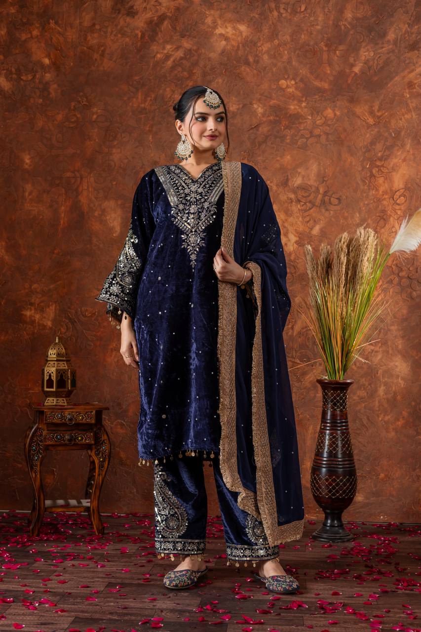 Blue Designer Viscose Velvet Plazzo Top and Dupatta For Party Wear