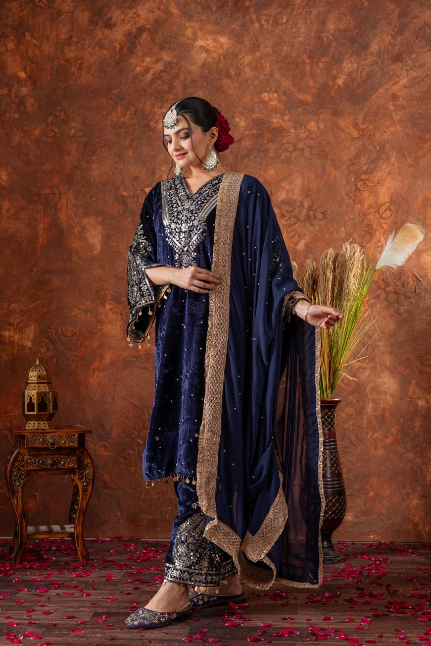 Blue Designer Viscose Velvet Plazzo Top and Dupatta For Party Wear