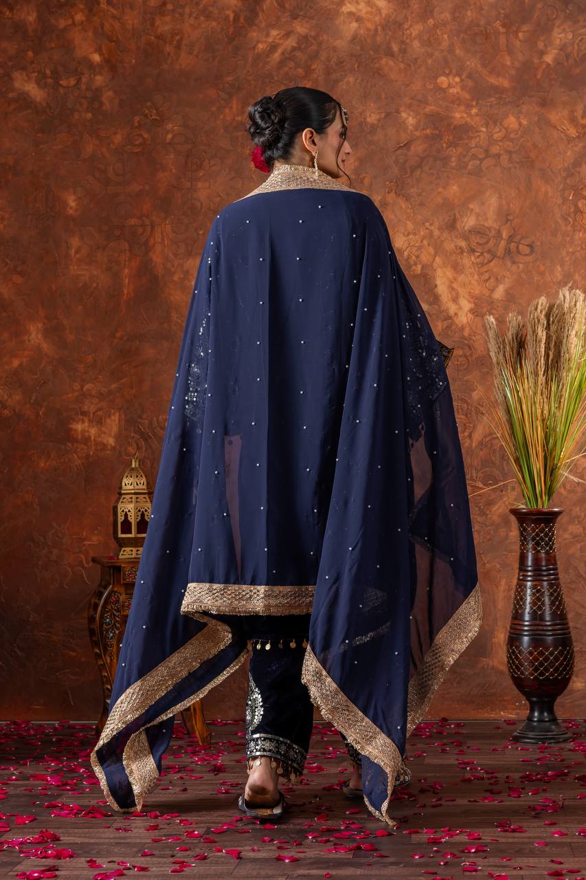 Blue Designer Viscose Velvet Plazzo Top and Dupatta For Party Wear