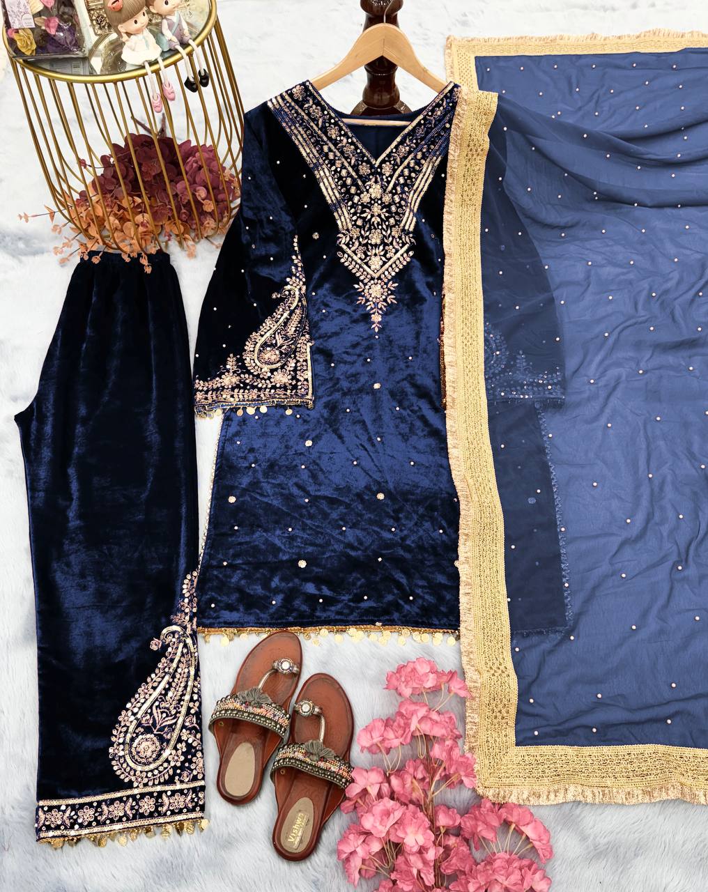 Blue Designer Viscose Velvet Plazzo Top and Dupatta For Party Wear