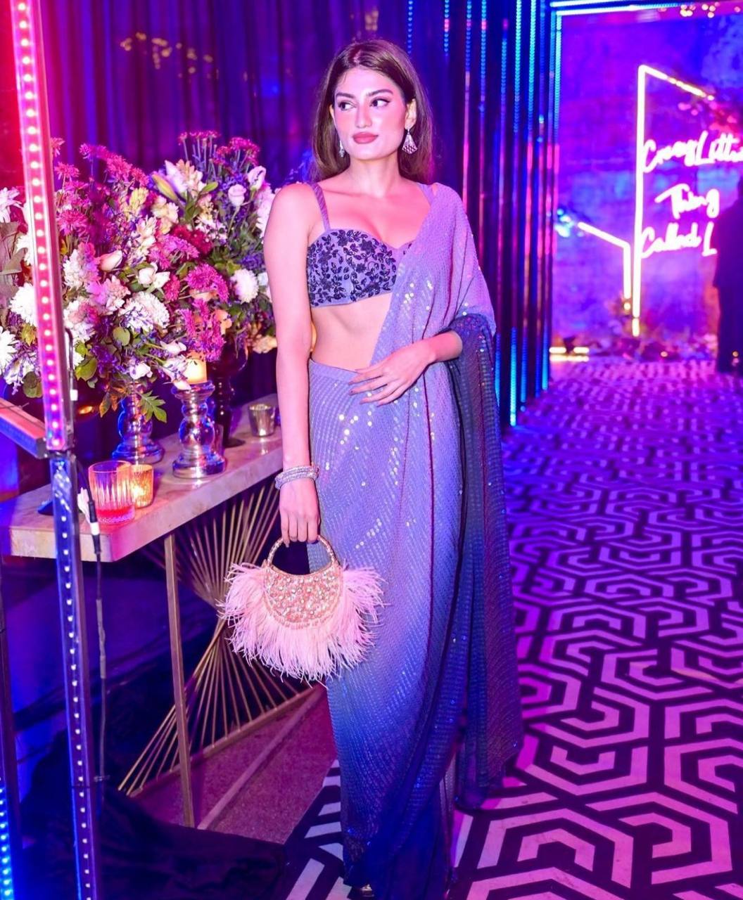 Blue Georgette Digital Print Saree with Work & Contrast Piping Blouse