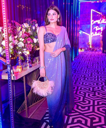 Blue Georgette Digital Print Saree with Work & Contrast Piping Blouse