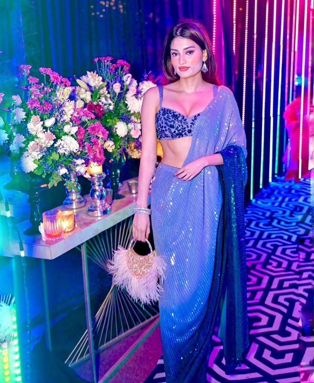 Blue Georgette Digital Print Saree with Work & Contrast Piping Blouse