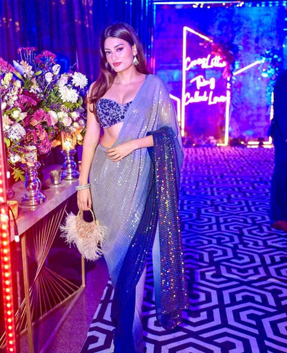 Blue Georgette Digital Print Saree with Work & Contrast Piping Blouse