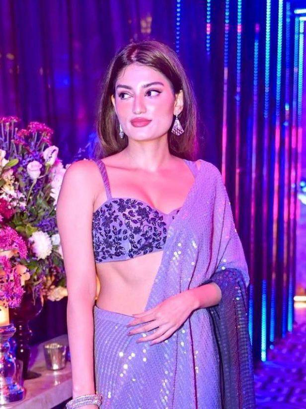 Blue Georgette Digital Print Saree with Work & Contrast Piping Blouse