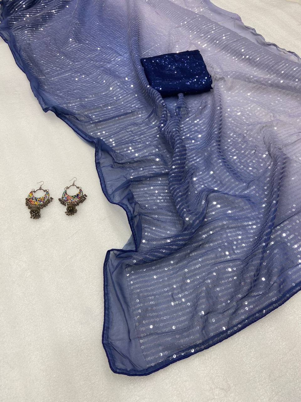 Blue Georgette Digital Print Saree with Work & Contrast Piping Blouse