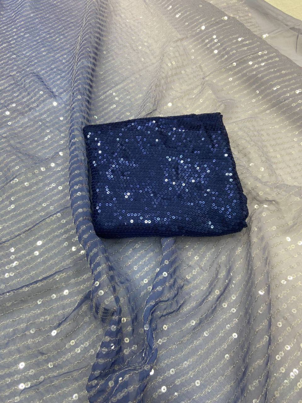 Blue Georgette Digital Print Saree with Work & Contrast Piping Blouse