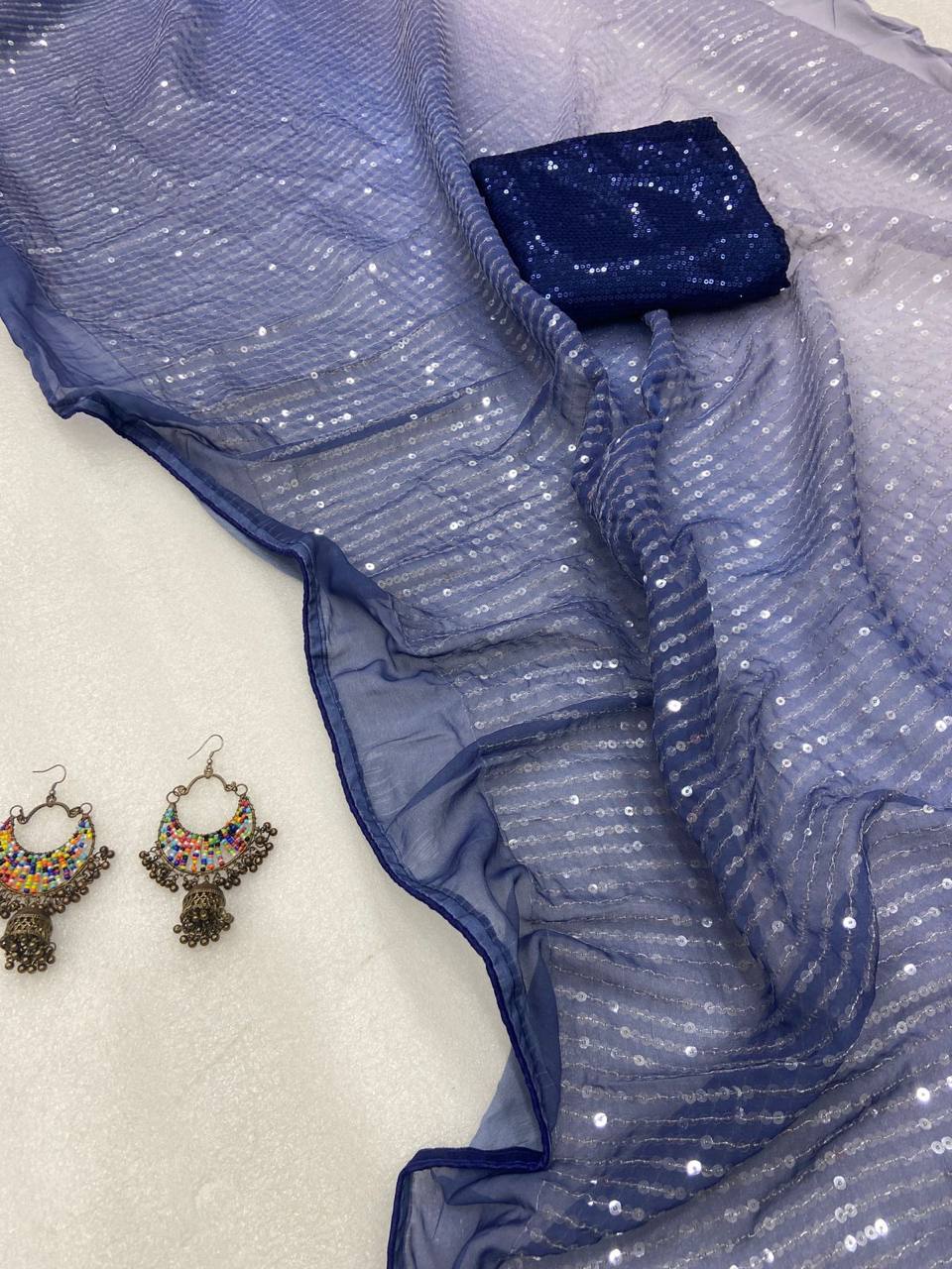 Blue Georgette Digital Print Saree with Work & Contrast Piping Blouse