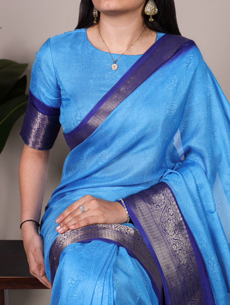 Blue Marsh Mello Zari Weaving Saree with Matching Blouse