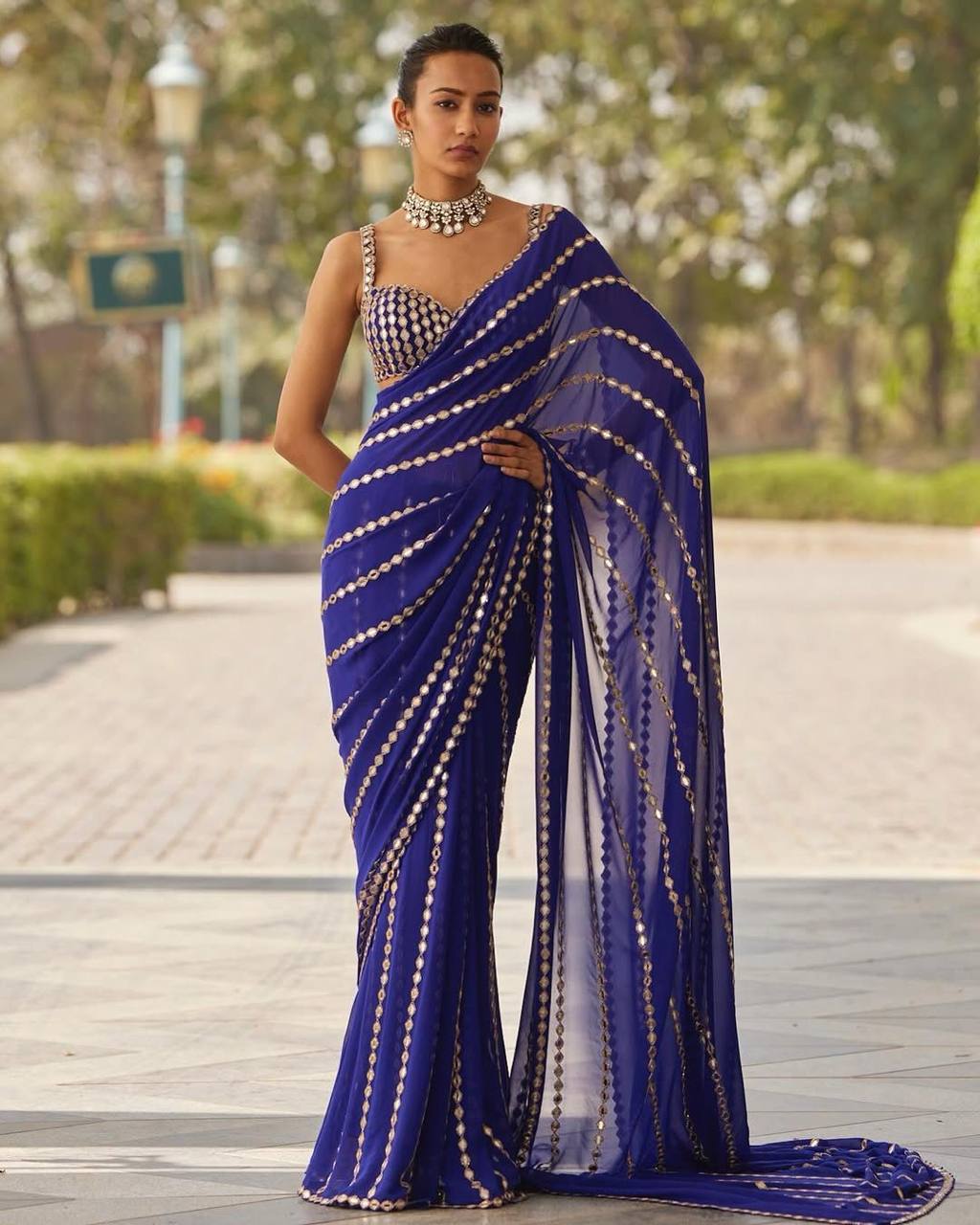 Blue Mirror Embroidery Work Georgette Saree with Matching Blouse