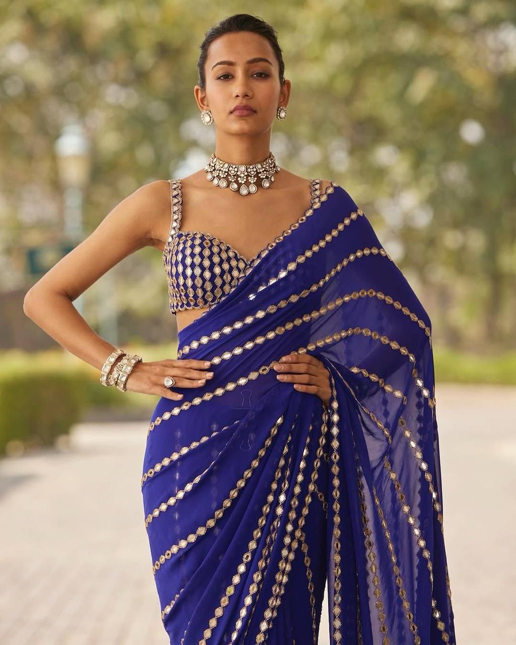 Blue Mirror Embroidery Work Georgette Saree with Matching Blouse