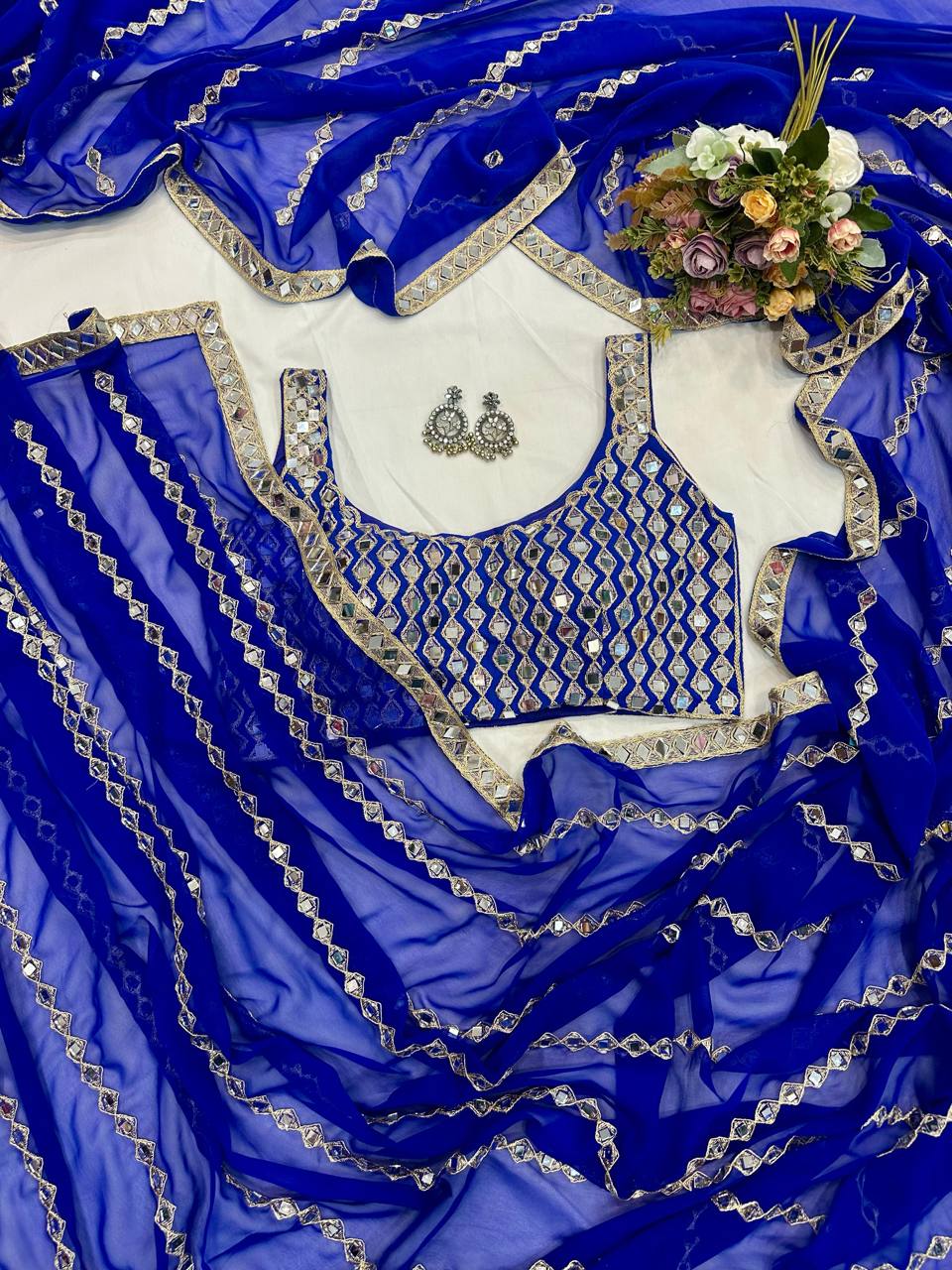 Blue Mirror Embroidery Work Georgette Saree with Matching Blouse