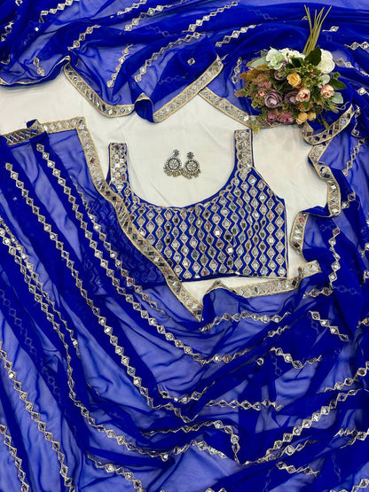 Blue Mirror Embroidery Work Georgette Saree with Matching Blouse