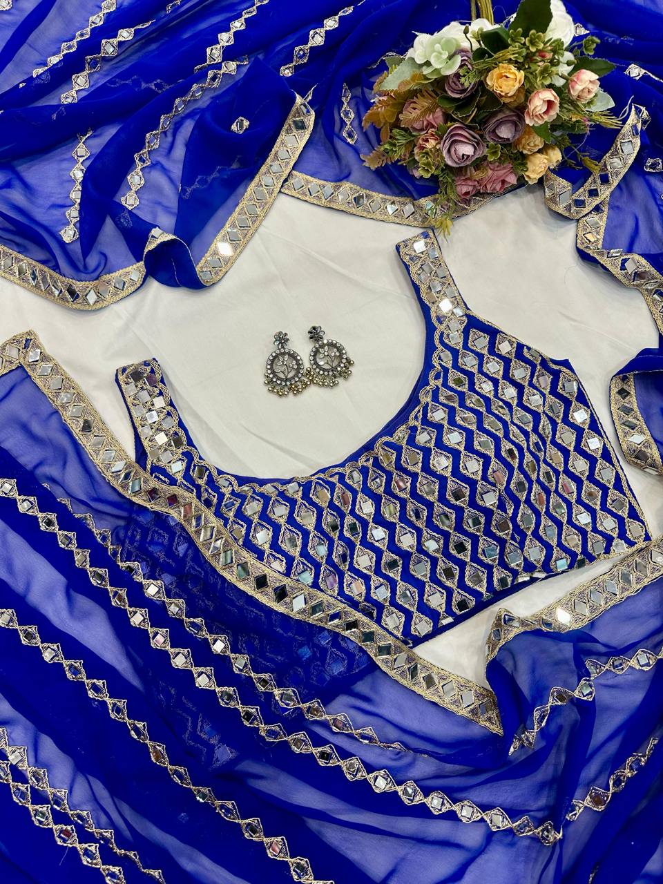 Blue Mirror Embroidery Work Georgette Saree with Matching Blouse