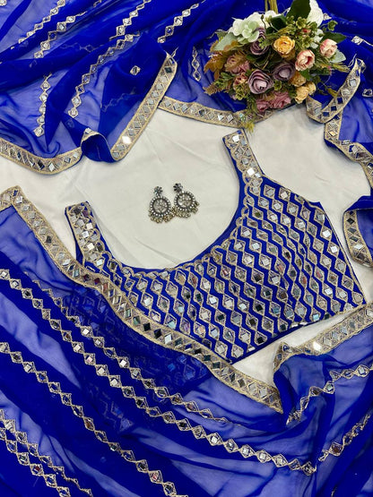 Blue Mirror Embroidery Work Georgette Saree with Matching Blouse