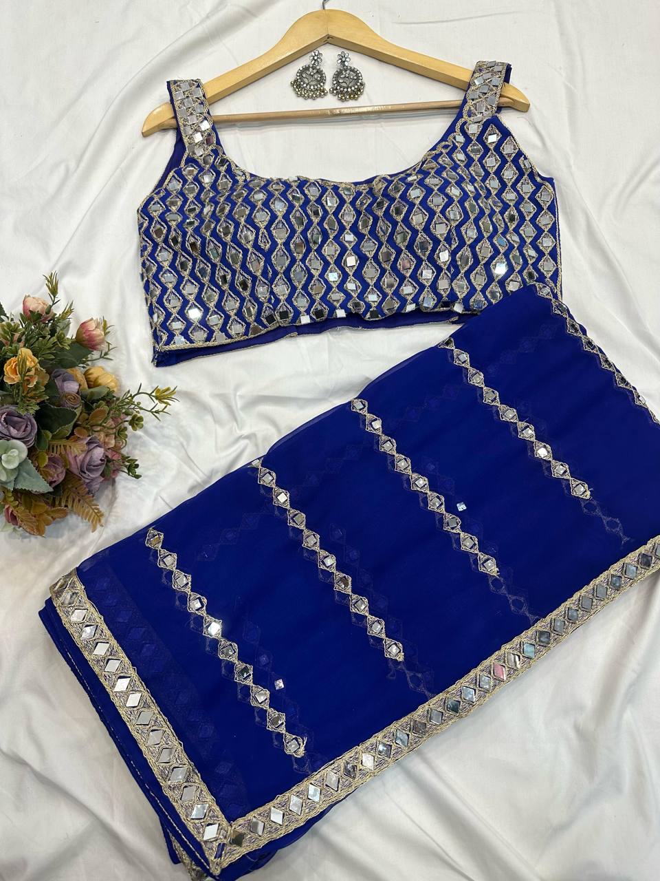 Blue Mirror Embroidery Work Georgette Saree with Matching Blouse