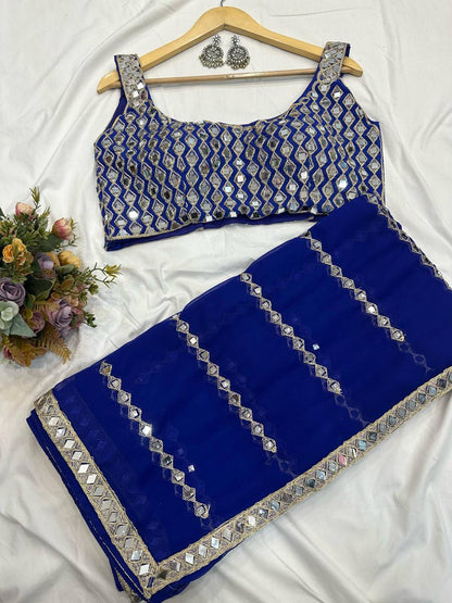 Blue Mirror Embroidery Work Georgette Saree with Matching Blouse