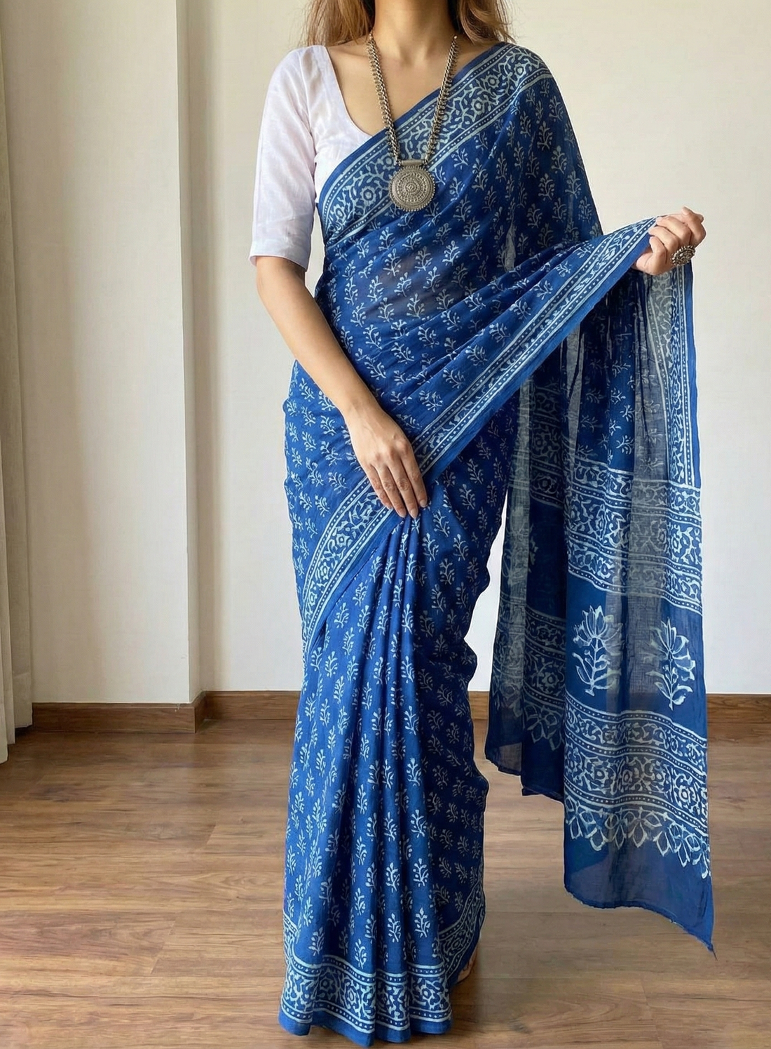 Blue Mulmul Cotton Digital Print Saree with Banglori Blouse