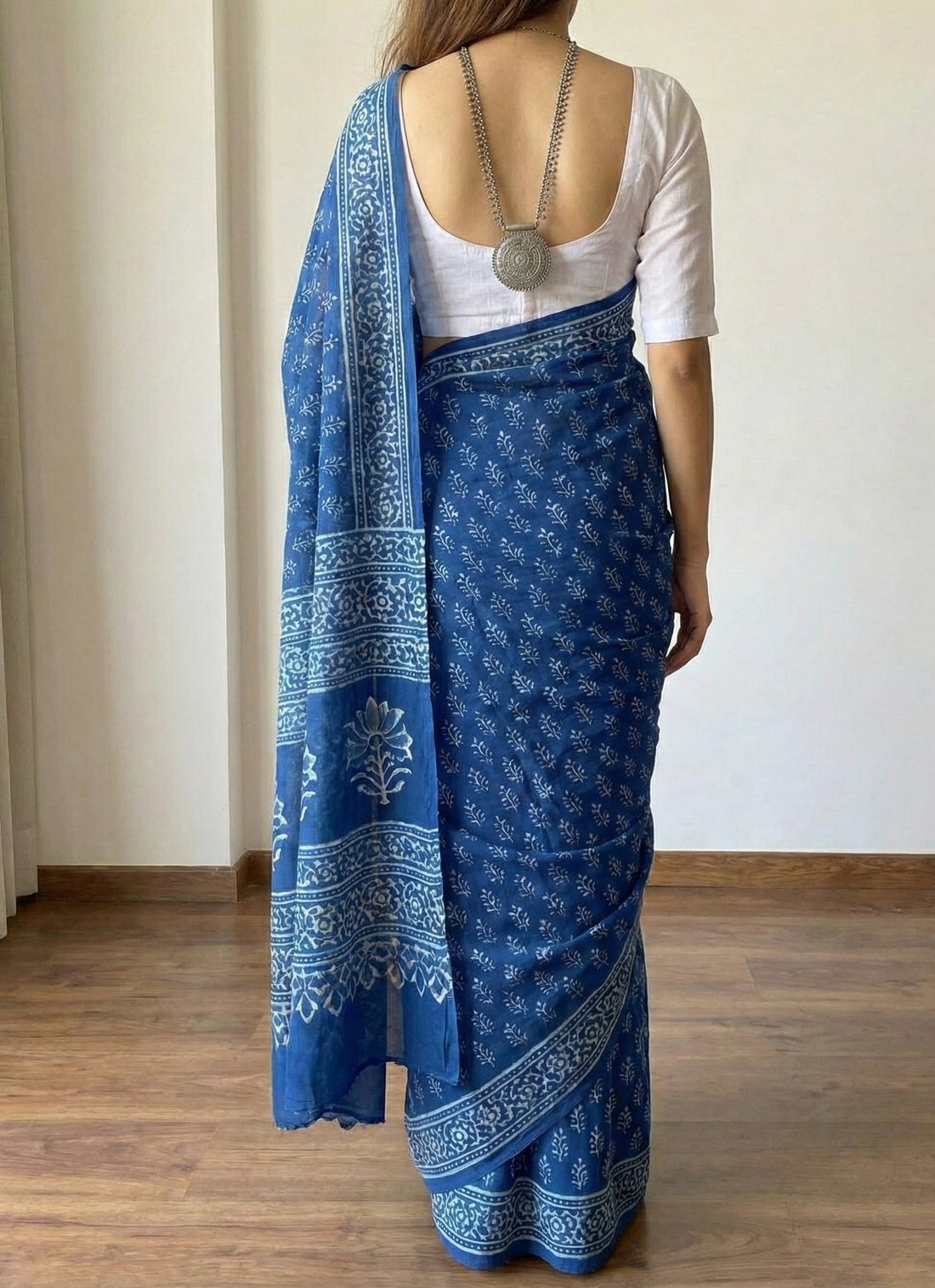 Blue Mulmul Cotton Digital Print Saree with Banglori Blouse