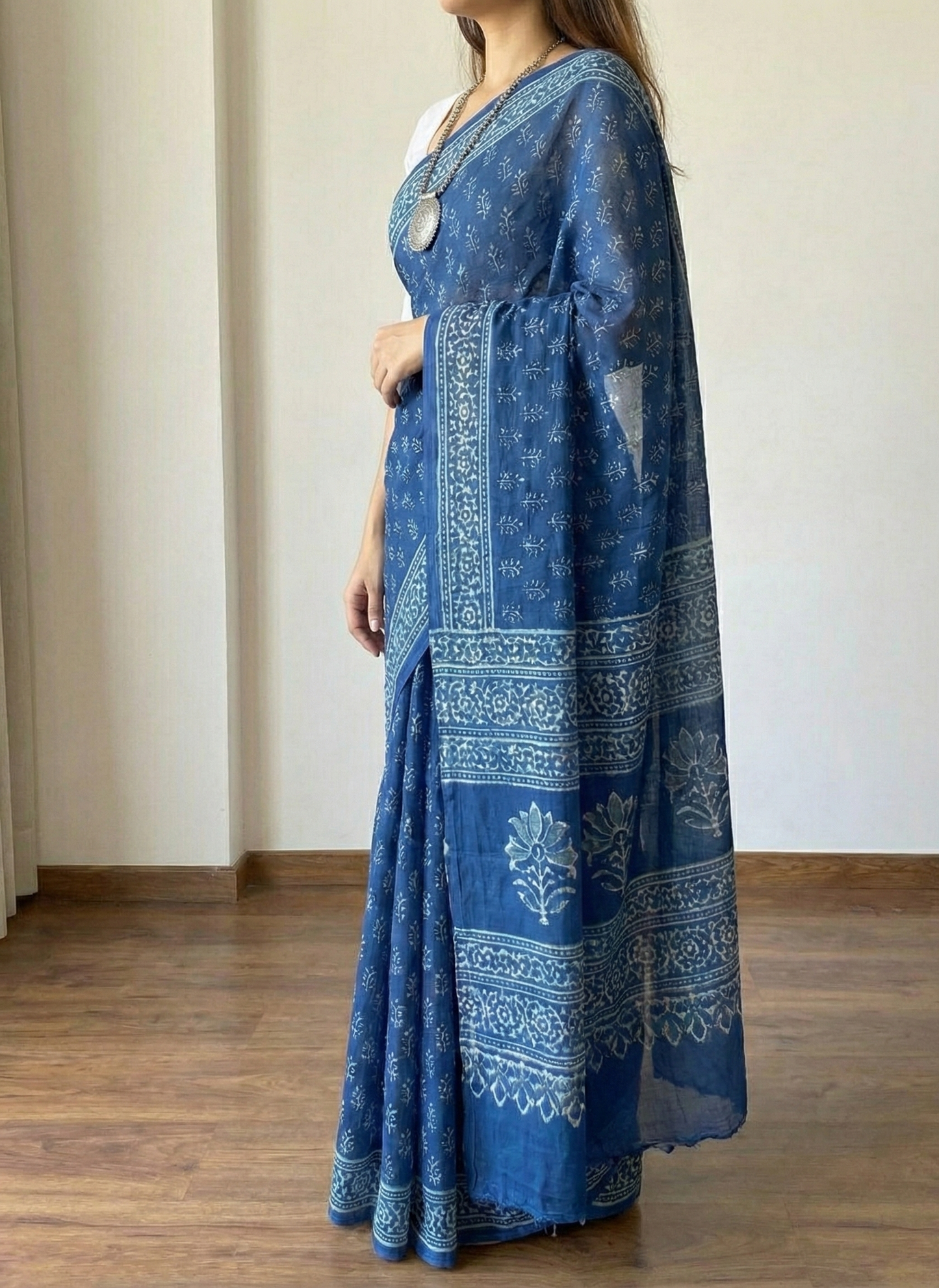 Blue Mulmul Cotton Digital Print Saree with Banglori Blouse