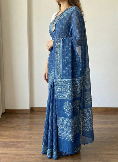 Blue Mulmul Cotton Digital Print Saree with Banglori Blouse