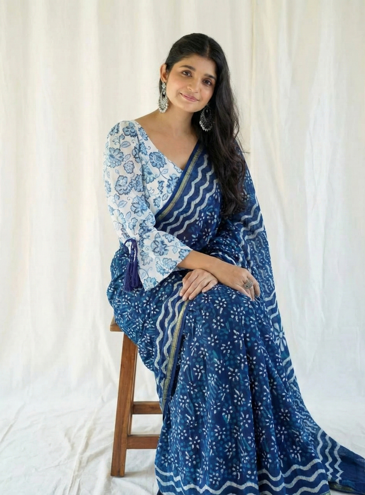 Blue Mulmul Cotton Digital Print Saree with white Mulmul Blouse