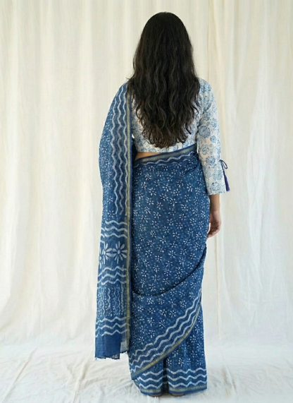 Blue Mulmul Cotton Digital Print Saree with white Mulmul Blouse
