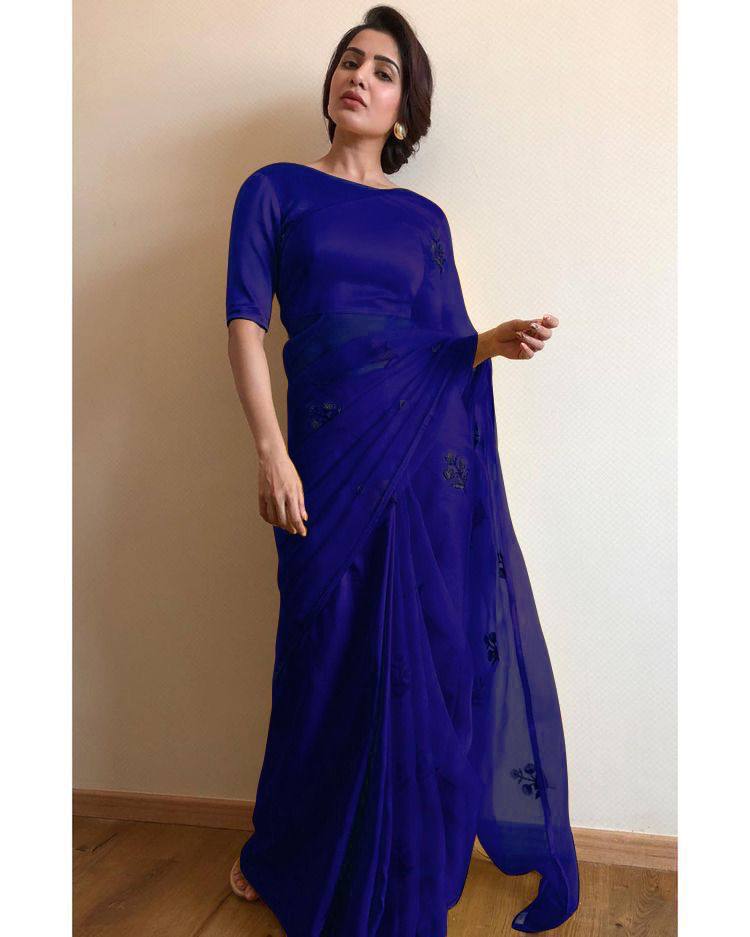 Blue Pure Organza Sequins Embroidery Saree with Banglori Blouse