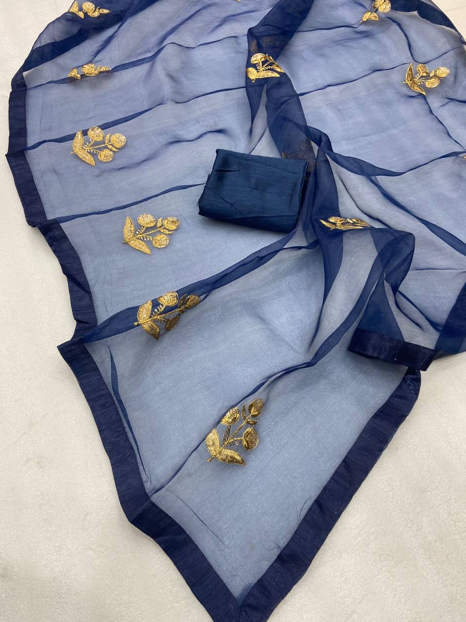 Blue Pure Organza Sequins Embroidery Saree with Banglori Blouse