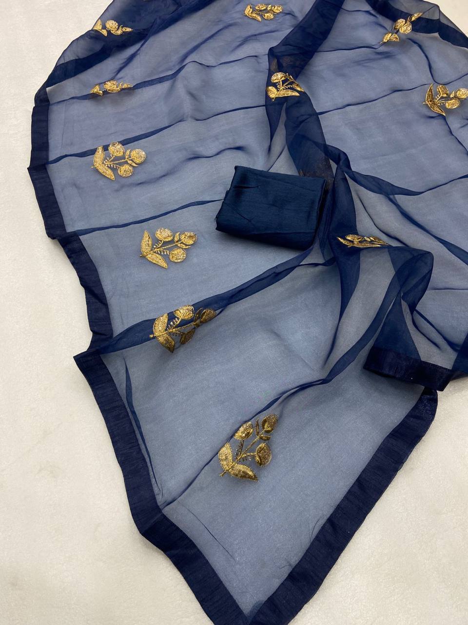 Blue Pure Organza Sequins Embroidery Saree with Banglori Blouse