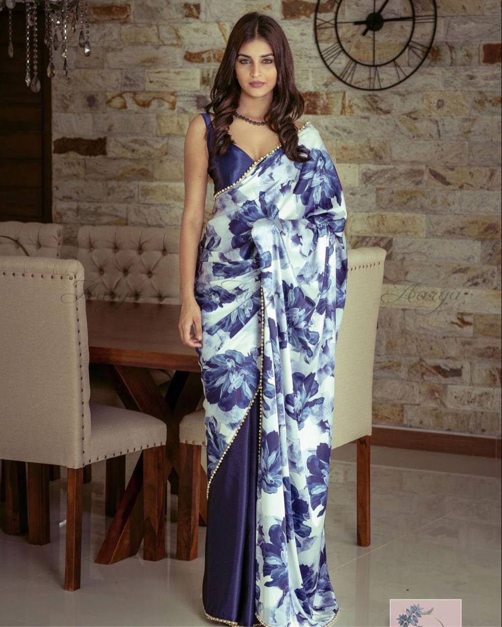 Blue Satin Half Half Saree with floral Print Pallu & Pearl Lace Border