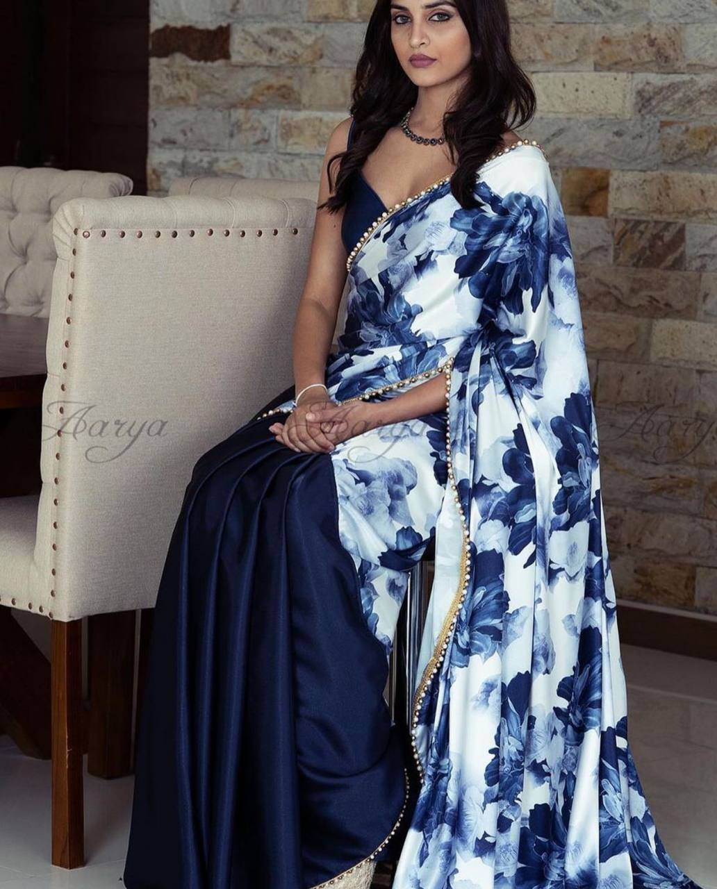 Blue Satin Half Half Saree with floral Print Pallu & Pearl Lace Border