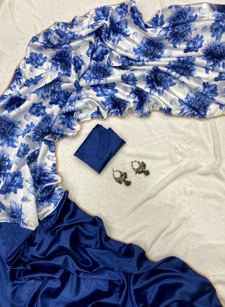 Blue Satin Half Half Saree with floral Print Pallu & Pearl Lace Border