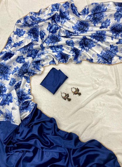 Blue Satin Half Half Saree with floral Print Pallu & Pearl Lace Border