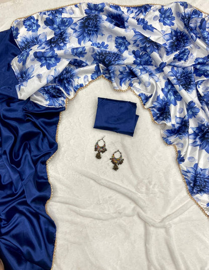 Blue Satin Half Half Saree with floral Print Pallu & Pearl Lace Border