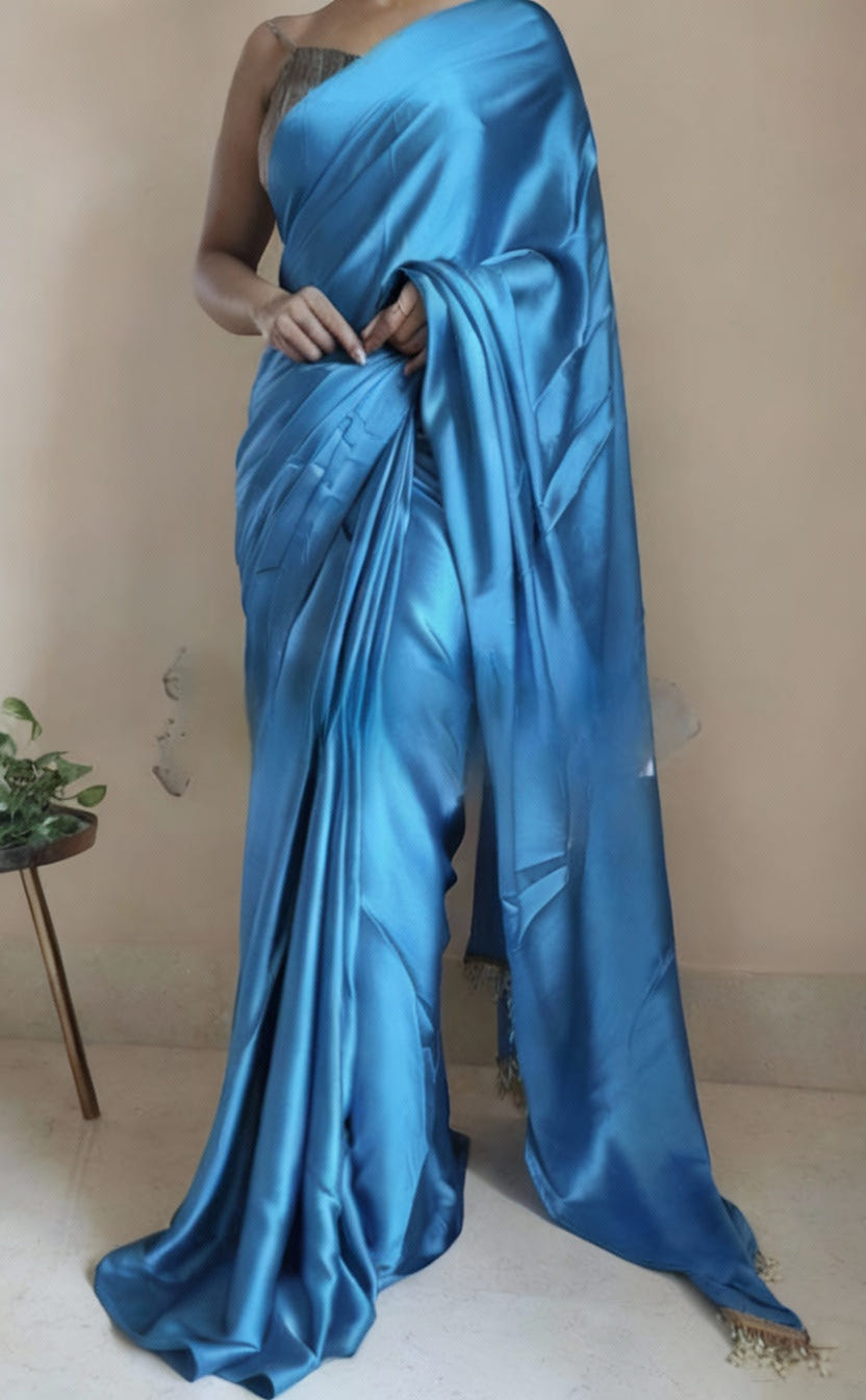 Blue Satin Saree with Contrast Malbari Weaving Blouse