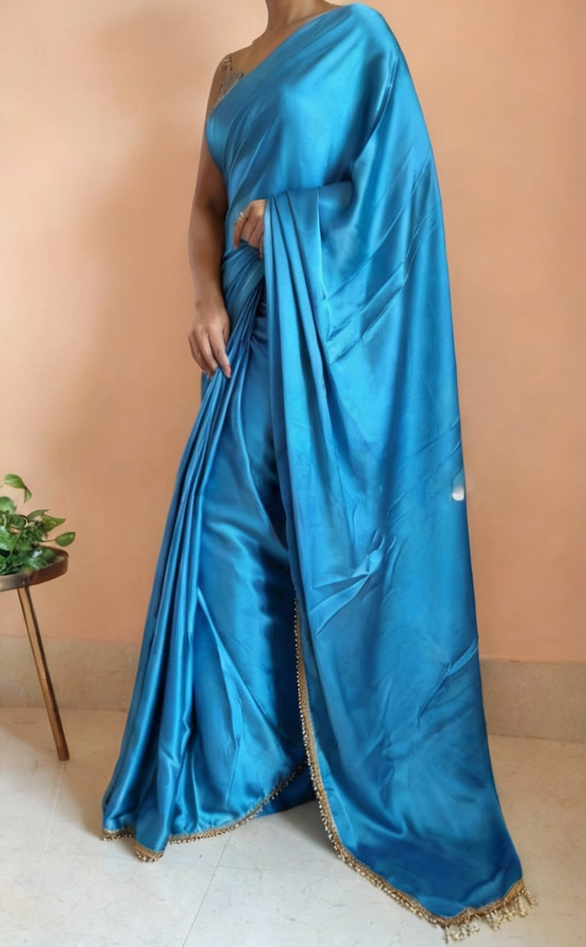 Blue Satin Saree with Contrast Malbari Weaving Blouse