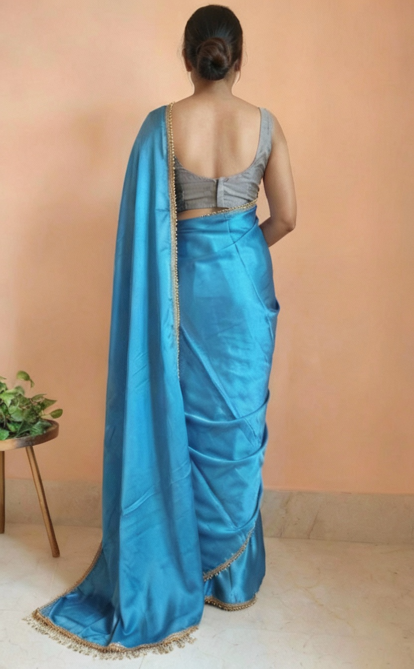 Blue Satin Saree with Contrast Malbari Weaving Blouse