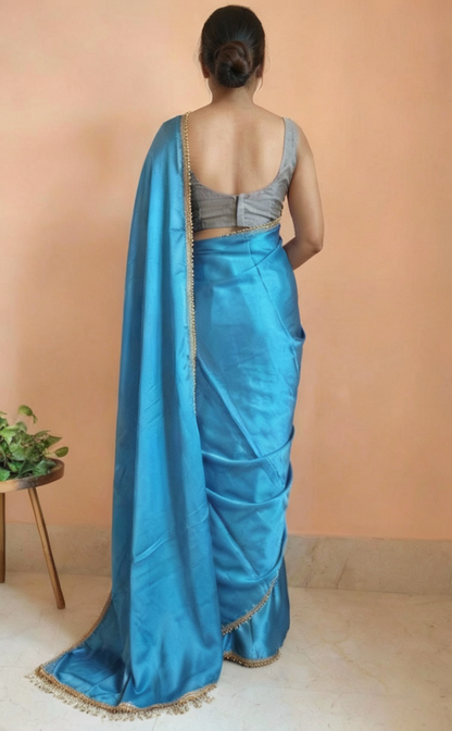 Blue Satin Saree with Contrast Malbari Weaving Blouse