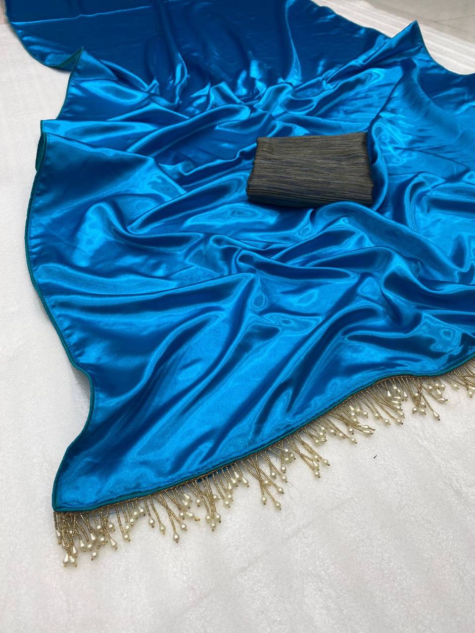 Blue Satin Saree with Contrast Malbari Weaving Blouse