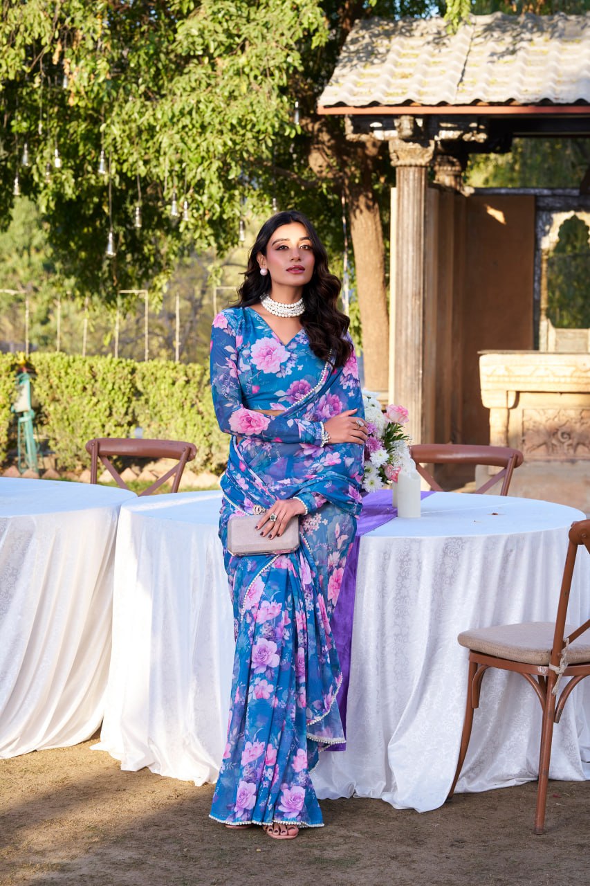 Blue Weightless Marble Print Saree with Pearl Matching Blouse