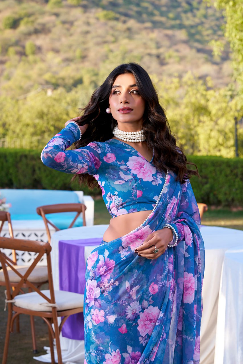 Blue Weightless Marble Print Saree with Pearl Matching Blouse