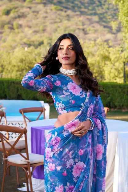 Blue Weightless Marble Print Saree with Pearl Matching Blouse